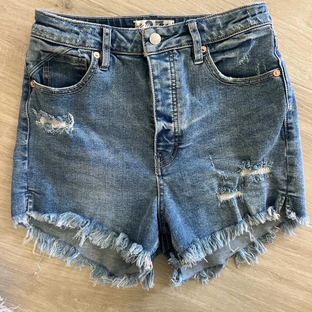 We The Free Distressed Frayed Hem Denim Shorts - Blue